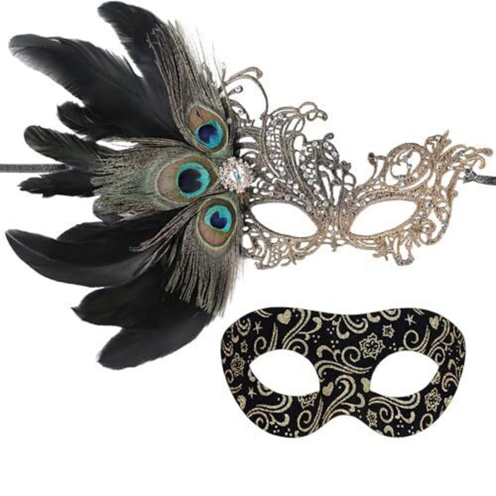 1548 Black Gold Masquerade Mask for Couple - 2 Pcs Halloween Peacock